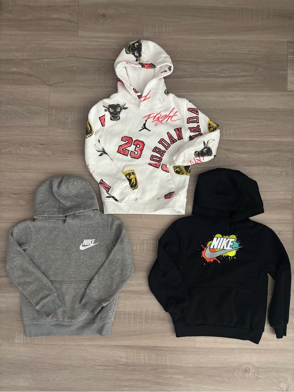 Jordan Kids' White Graphic Pullover Hoodie and Nike Gray Black Bundle 3/4T